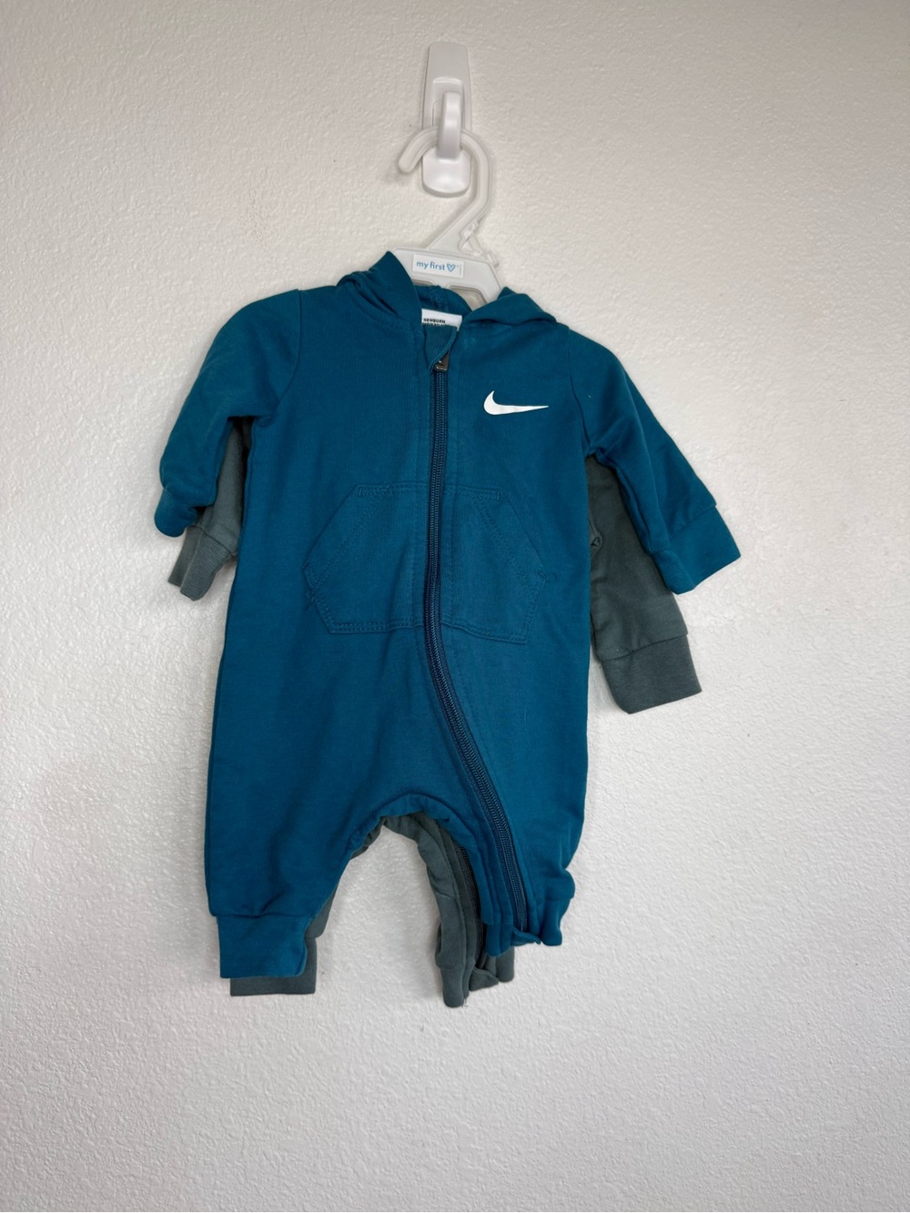 Nike Teal Blue Hooded Baby One-Piece with White Swoosh